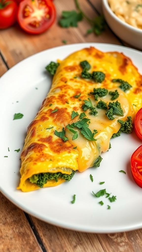 A golden kale and cheese omelette on a plate with fresh herbs and sliced tomatoes.